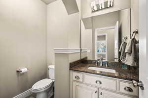 Half bath featuring vanity and toilet