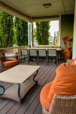 Summer view of wooden deck with outdoor dining area