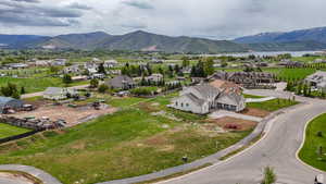 Aerial view of residential area with mountains