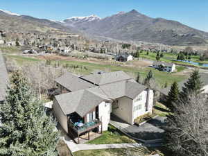 Aerial view of residential area with a mountain backdrop