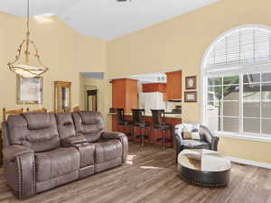 Living room with light wood-type flooring and high vaulted ceiling