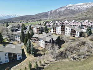 Aerial perspective of suburban area featuring a mountain backdrop