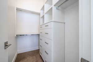 Walk in closet with dark carpet