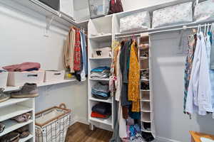 Walk in closet with dark wood finished floors