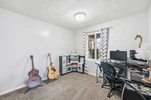 Office with a textured ceiling and carpet floors