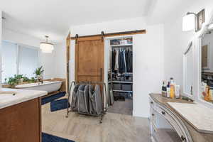 Bathroom with vanity, a spacious closet, and a freestanding bath