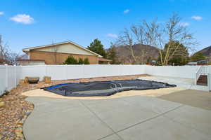 View of pool featuring a fenced backyard and a patio