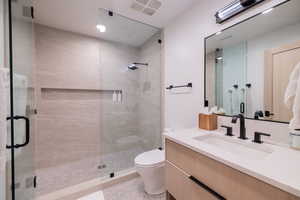 Full bath with vanity and a shower stall