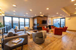 Building lobby featuring a textured ceiling