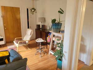 Living area with light wood-type flooring