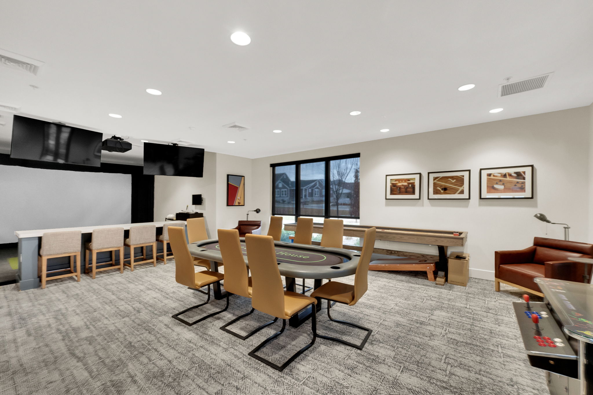 Dining room featuring recessed lighting and light colored carpet