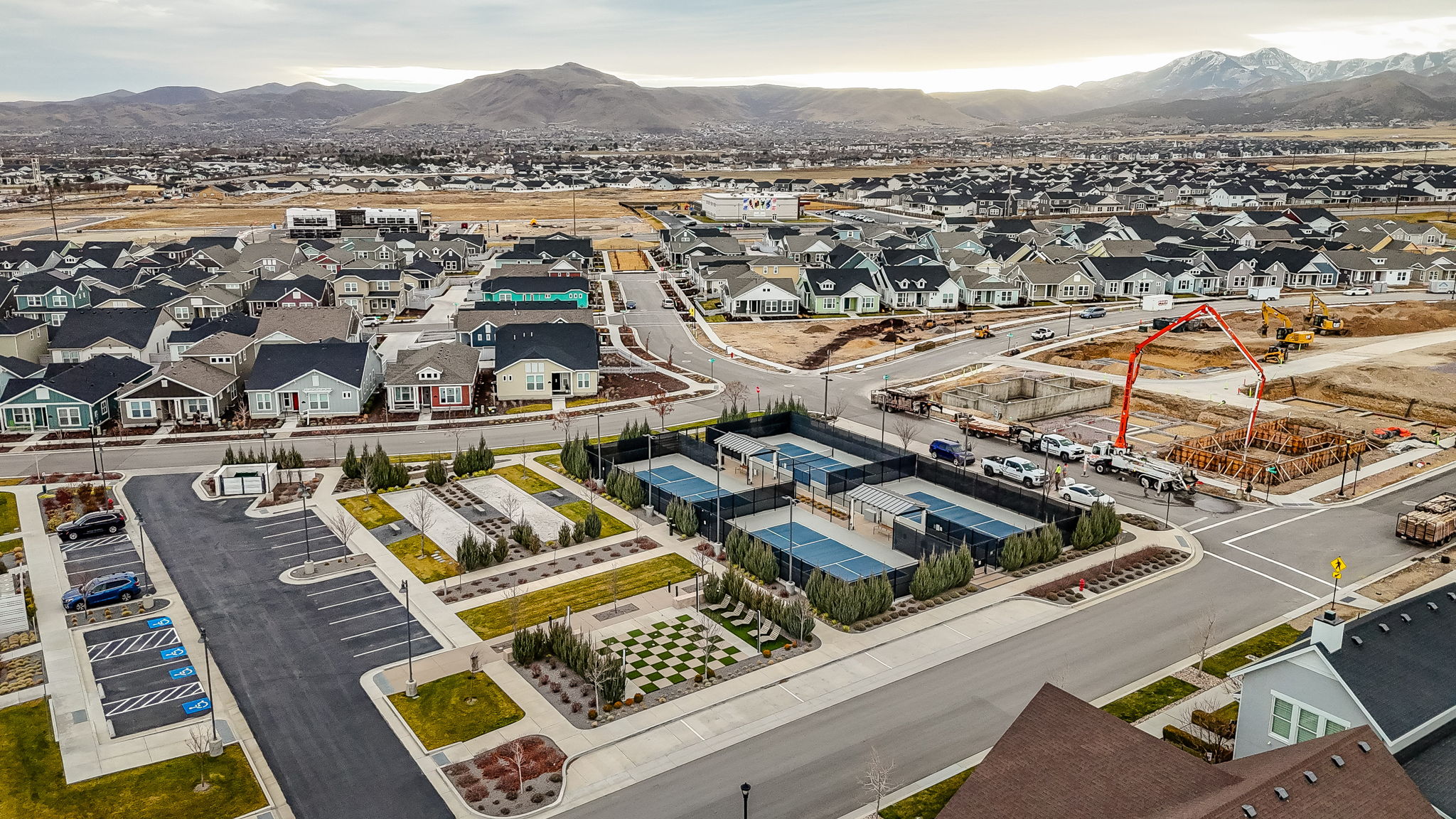 Aerial perspective of suburban area featuring mountains
