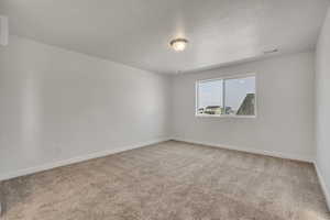 Spare room featuring light carpet and a textured ceiling