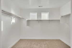 Walk in closet featuring light colored carpet