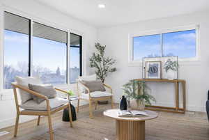 Living area featuring wood finished floors and recessed lighting