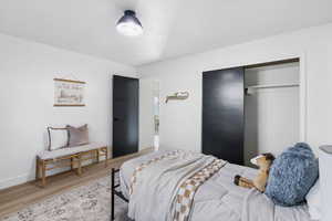 Bedroom with a closet and wood finished floors