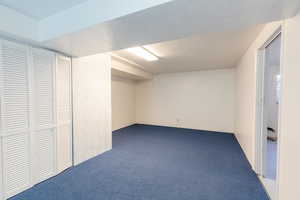 Finished below grade area featuring carpet and a textured ceiling