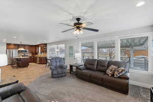 Main floor family with view of kitchen