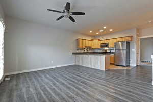 Kitchen with stainless steel appliances, open floor plan, recessed lighting, a peninsula, and ceiling fan