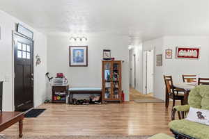 Entrance foyer with light wood-style flooring and a textured ceiling