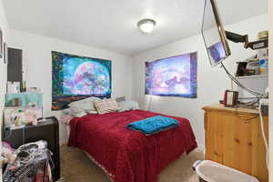 Bedroom with carpet floors and a textured ceiling