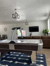 Recreation room featuring wood finished floors and a textured ceiling