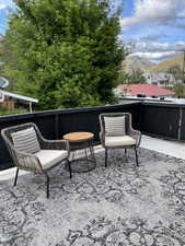 View of patio with a mountain view