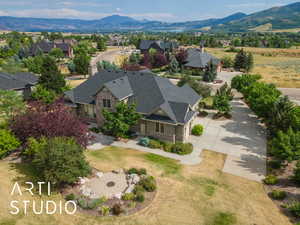 Aerial view of residential area with a mountain backdrop