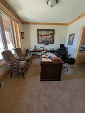 Living area with a desk, crown molding, and light carpet