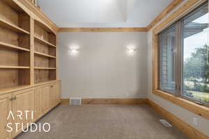 Spare room featuring light carpet and crown molding