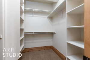 Walk in closet with light carpet