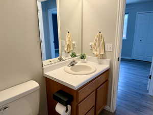 Half bathroom featuring vanity and dark wood-type flooring