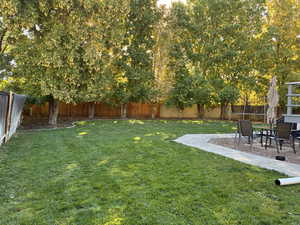 Fenced backyard featuring a patio area