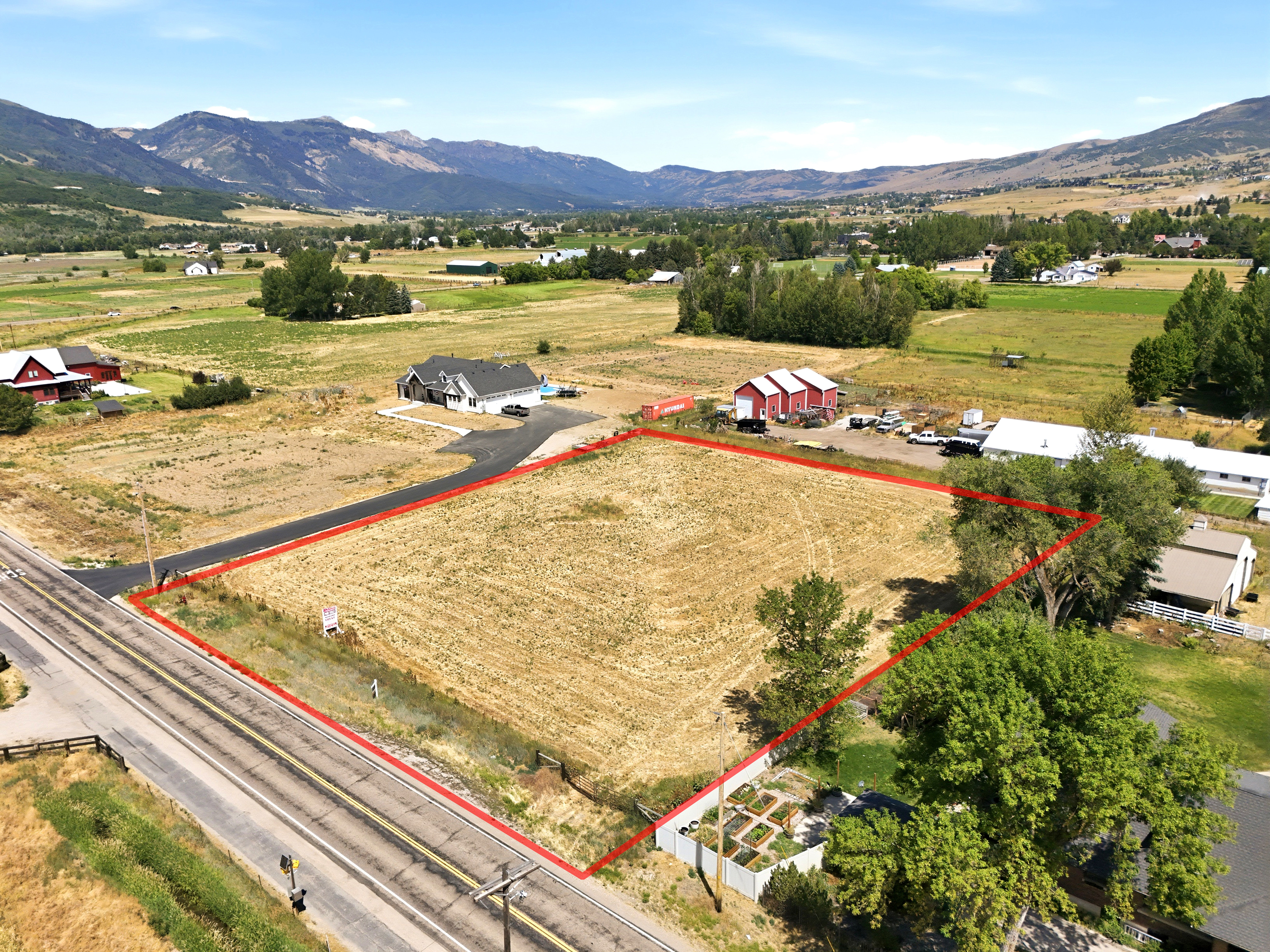 Expansive lot featuring a cleared building envelope, paved road frontage, and mature trees along the perimeter