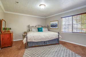 Bedroom with a textured ceiling, carpet flooring, and crown molding