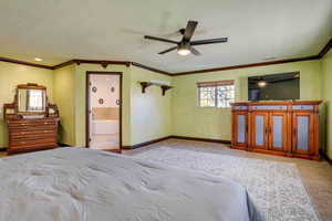 Bedroom featuring carpet flooring, a ceiling fan, ornamental molding, a textured ceiling, and ensuite bathroom