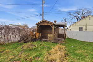 View of outdoor structure featuring a fenced backyard