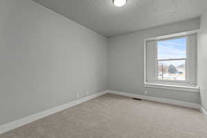 Carpeted spare room featuring a textured ceiling and baseboards