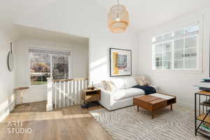 Living room featuring vaulted ceiling, plenty of natural light, and wood-type flooring