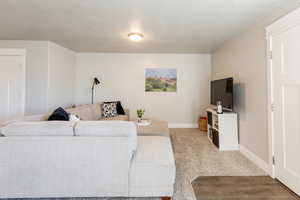 Living room with carpet and a textured ceiling