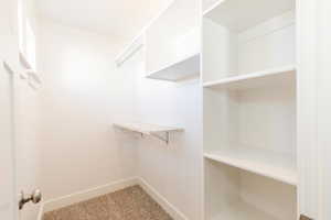 Walk in closet with light colored carpet