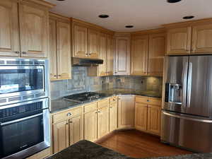Kitchen with stainless steel appliances, tasteful backsplash, dark stone counters, dark wood-type flooring, and under cabinet range hood