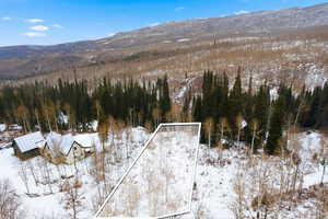 Snowy aerial view with a mountain view, property boundaries highlighted, and a view of trees