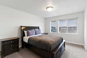 Bedroom with carpet flooring and a textured ceiling