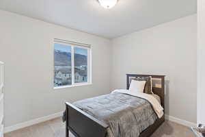 Bedroom with light colored carpet