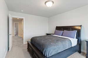 Bedroom with light carpet