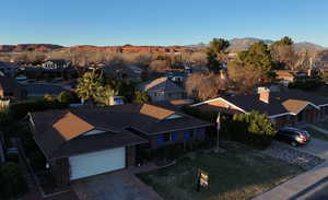 Aerial perspective of suburban area with mountains