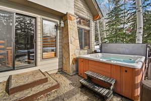View of patio / terrace with a hot tub