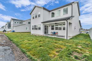 Back of property featuring a patio area, stucco siding, and ceiling fan