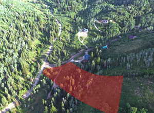 Aerial view of property and surrounding area featuring a heavily wooded area